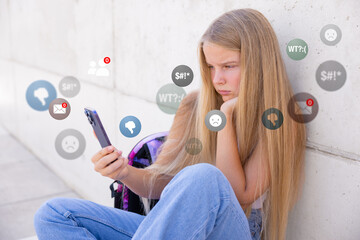 Sad girl viewing negative reactions and comments on social media, concept of children online bullying. - 582041483