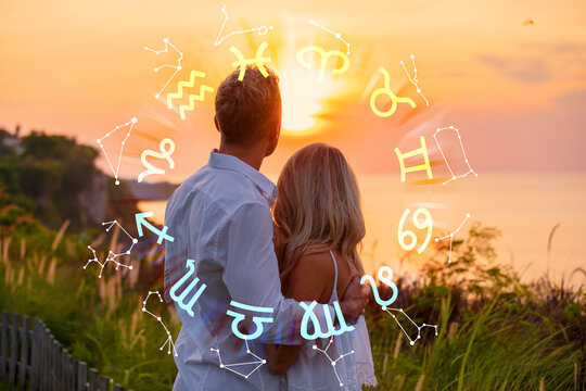 Concept of love compatibility between zodiac signs and finding perfect match and your soulmate according to horoscope.
