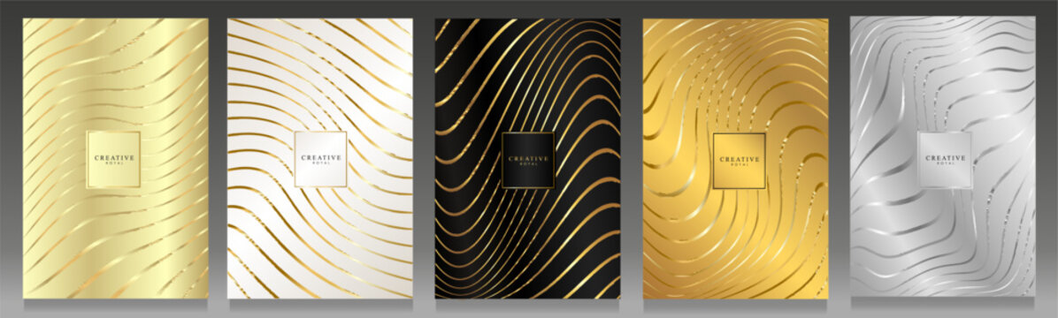 Luxury cover set. Striped backgrounds, wavy and distorted metallic lines. Golden curved lines on beige, black, white gold and silver backgrounds. Elegant brochure collection.