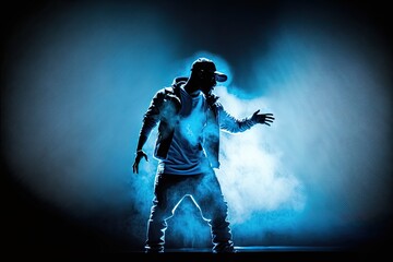 Obraz na płótnie Canvas rapper performs on a blue light stage , ai generated