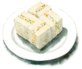 アナログ水彩白い皿に乗せたスクエアカットのたまごサンド