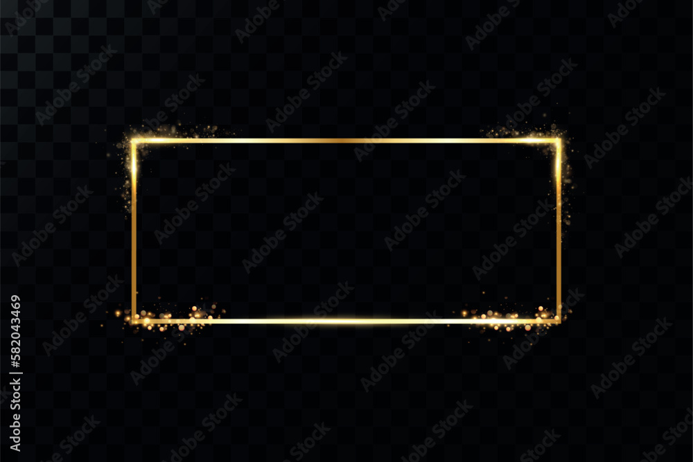 Poster golden frame with lights effects. shining rectangle banner. isolated on black transparent background