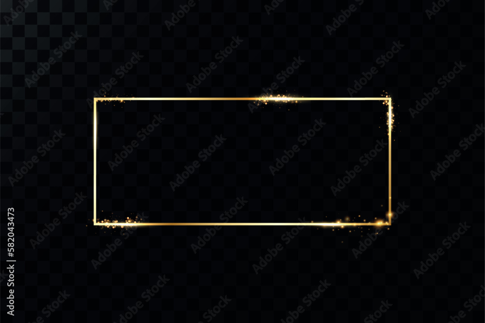 Poster golden frame with lights effects. shining rectangle banner. isolated on black transparent background