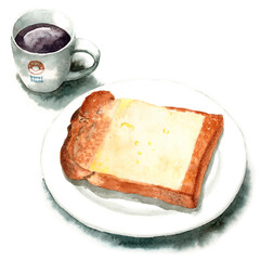 水彩山形食パンチーズトーストとコーヒー
