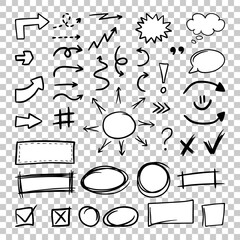 Various doodle arrows and talk balloons. Set of black grunge hand drawn arrows, frames, design elements. Vector illustration isolated on transparent background. EPS 10