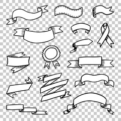 Hand drawn ribbon set. Collection of the vintage ribbons. Award ribbon. Design elements on transparent background. Vector illustration isolated on transparent background. EPS 10