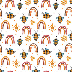 Bees and rainbows. Watercolor seamless pattern