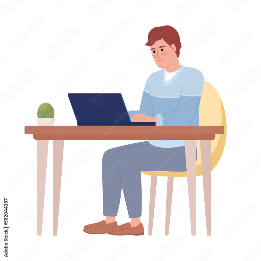 Poster man with laptop working at office table semi flat color vector character. editable figure. full body