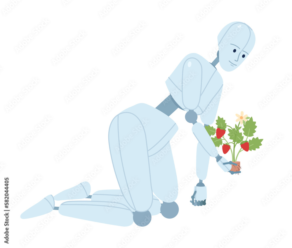 Poster humanoid robot gardener semi flat color vector character. ai-powered machine for horticulture. edita