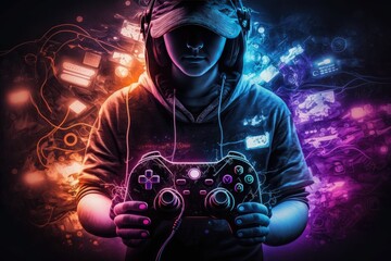 gamer boy with hand holding the joystick controller illustration , ai generated - obrazy, fototapety, plakaty