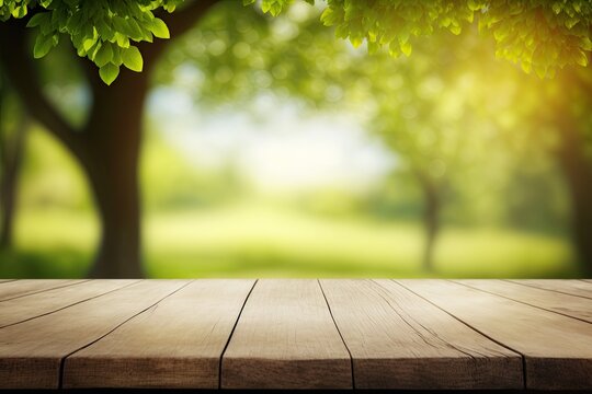 Empty Wooden Table Spring Time Blossoms With Green Nature Background With Defocused Bokeh Lights Generated By AI
