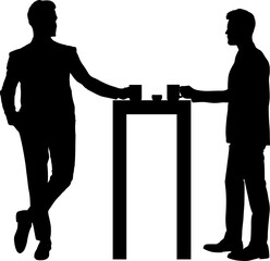 Silhouette: Zwei Geschäftsmänner im Anzug stehen am Tisch und trinken entspannt Kaffee - Kommunikation, Meeting, Brainstorming - moderne, flexible Arbeitsplätze