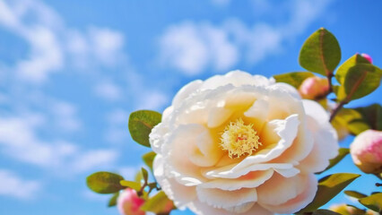 Full frame shot of lovely camellia flowers with sky background, low angle view. Generative AI