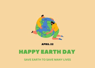 Happy earth day concept with the two people hugging the earth globe. Illustration. Ecological concept.  