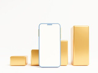3D Phone and growth bar graph on isolated white background.  Investment trading stock market. Crypto currency, Gold, financial, index, Bullish. 3D rendering.