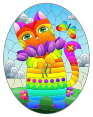Stained glass illustration with a rainbow cartoon cat against a blue sky with clouds, oval  image
