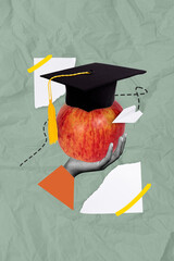 Vertical composite photo collage education knowledge concept of red ripe juicy apple graduation hat...