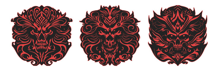 Vector set of scary black-red patterned human skulls with swirls on a white isolated background. Hell stickers, icons or logos.