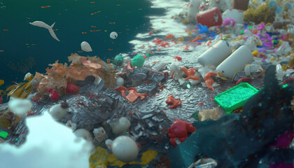 Naklejka na ściany i meble Plastic garbage on a ocean (Created Using Generative AI)