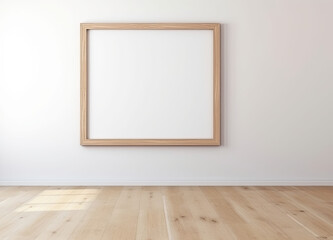 Blank wooden picture frame on a white wall and wooden floor. Mock up template for Design or product placement created using generative AI tools