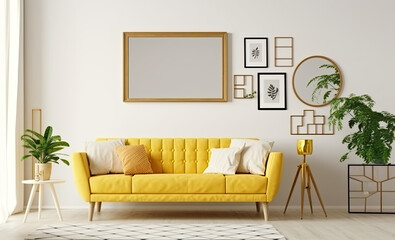 Blank picture frame hanging on white wall above a yellow couch. Mock up template for Design or product placement created using generative AI tools