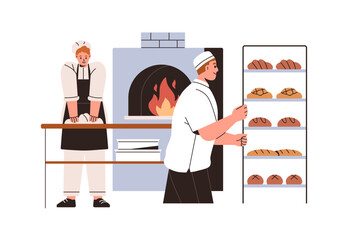 Bread and buns production, flour yeast food manufacture. Bakers work at bakehouse, bakery workshop, making cooking hot fresh rolls, baguettes. Flat vector illustration isolated on white background