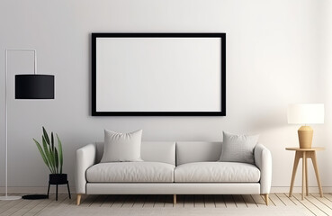 Blank black vertical picture frame hanging above a white couch. Mock up template for Design or product placement created using generative AI tools