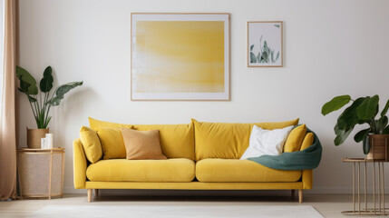Modern living room with a yellow couch. Interior  design concept created using generative AI tools.
