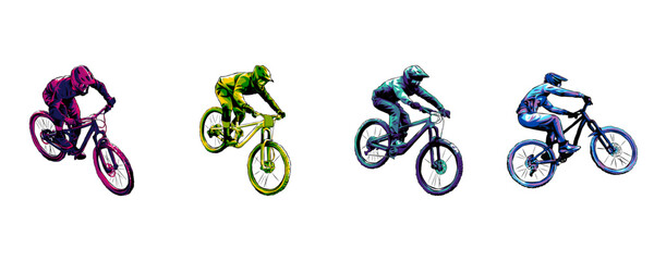 Obraz premium set collection of bmx rider, downhill, cyclist silhouettes. monochrome color. concept of sport, extreme, race, vehicle. for sticker, print, etc. hand drawn vector illustration.
