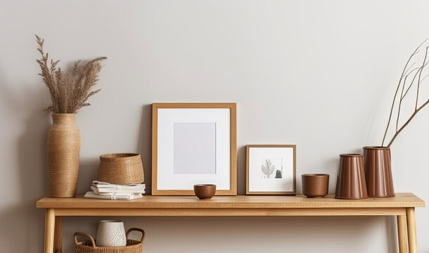 Blank wooden picture frame standing on a wooden side table. Mock up template for Design or product placement created using generative AI tools