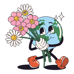 Stickers in trendy retro cartoon style. Earth Day concept. World Environment Day. Walking happy cute Earth planet character mascot with flowers. Vector illustration  © Tasha