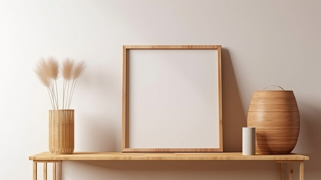 Blank wooden picture frame standing on a wooden shelf. Mock up template for Design or product placement created using generative AI tools