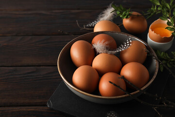 Ingredient for making breakfast - eggs, space for text