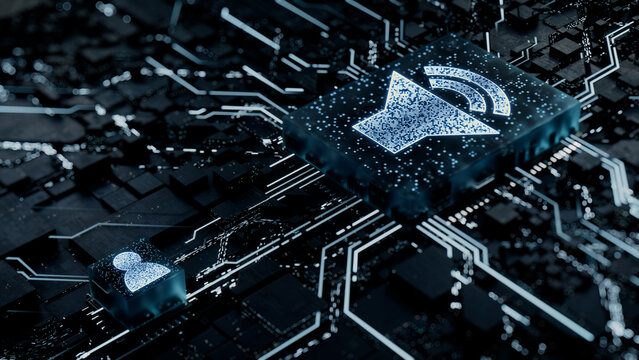 Sound Technology Concept with audio symbol on a Microchip. White Neon Data flows between the CPU and the User across a Futuristic Motherboard. 3D render.