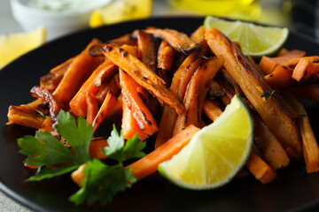 Concept of tasty food - sweet potato fries