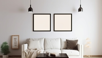 Two blank black picture frames hanging above a couch. Mock up template for Design or product placement created using generative AI tools