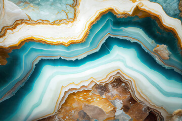 Natural geode stone background, teal blue and golden colors - obrazy, fototapety, plakaty