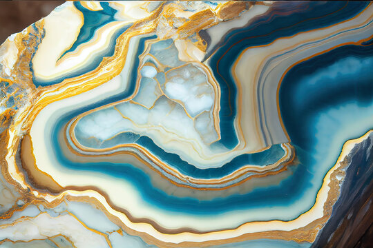 Natural Geode Stone Background, Teal Blue And Golden Colors