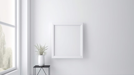 Blank white picture frame in a modern living room. Mock up template for Design or product placement created using generative AI tools