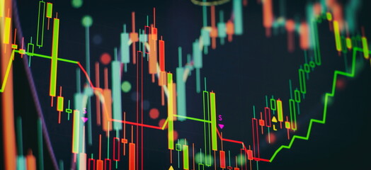 price graph and indicator, red and green candlestick chart on blue theme screen, market volatility, up and down trend. © Maximusdn