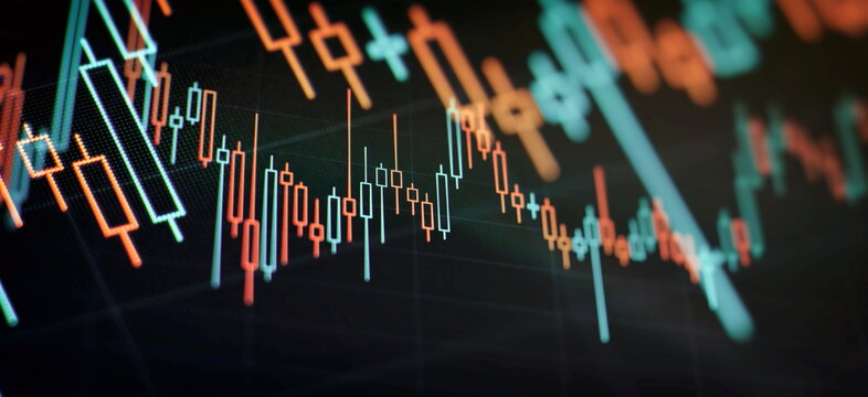 price graph and indicator, red and green candlestick chart on blue theme screen, market volatility, up and down trend.