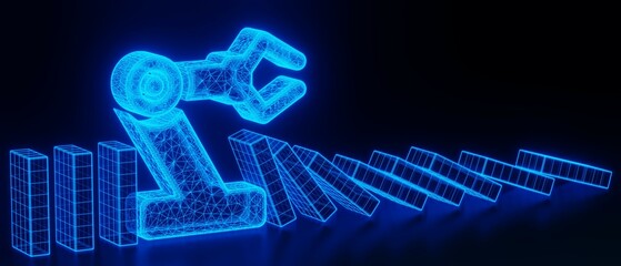 Business concept dominos. Industrial automation technology concept. Collaborative robot, cobot. 3d illustration