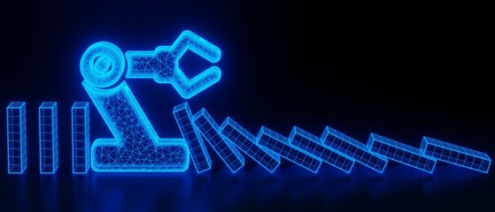 Business concept dominos. Industrial automation technology concept. Collaborative robot, cobot. 3d illustration