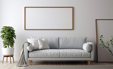Blank wooden picture frame hanging above a white couch. Mock up template for Design or product placement created using generative AI tools