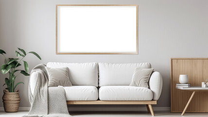 Blank wooden picture frame hanging above a white couch. Mock up template for Design or product placement created using generative AI tools