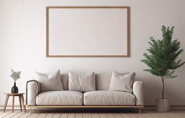 Blank wooden picture frame hanging above a beige couch. Mock up template for Design or product placement created using generative AI tools
