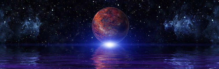Beautiful unusual space planet in space reflected in water, galaxy stars night sky ,Elements of...