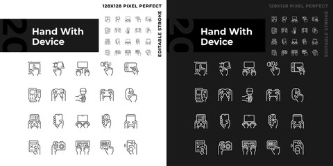Hands with devices pixel perfect linear icons set for dark, light mode. User with electronic gadgets. Thin line symbols for night, day theme. Isolated illustrations. Editable stroke