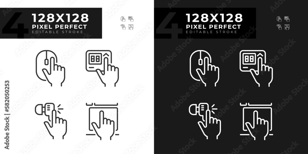 Poster hands pressing keys on devices pixel perfect linear icons set for dark, light mode. electronic gadge
