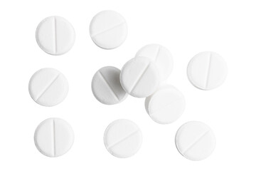 Collection of white round pills, group of drugs and tablets for treatment, isolated on transparent...